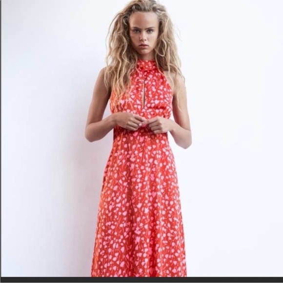 Zara Red Floral Satin Effect Halter Neck Tie Back Midi Dress - Picture 2 of 13